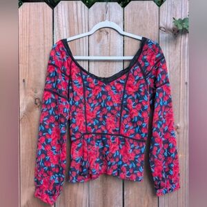Roly Poly Red Black Floral Lace Trim Long Sleeve Semi Sheer Shirt